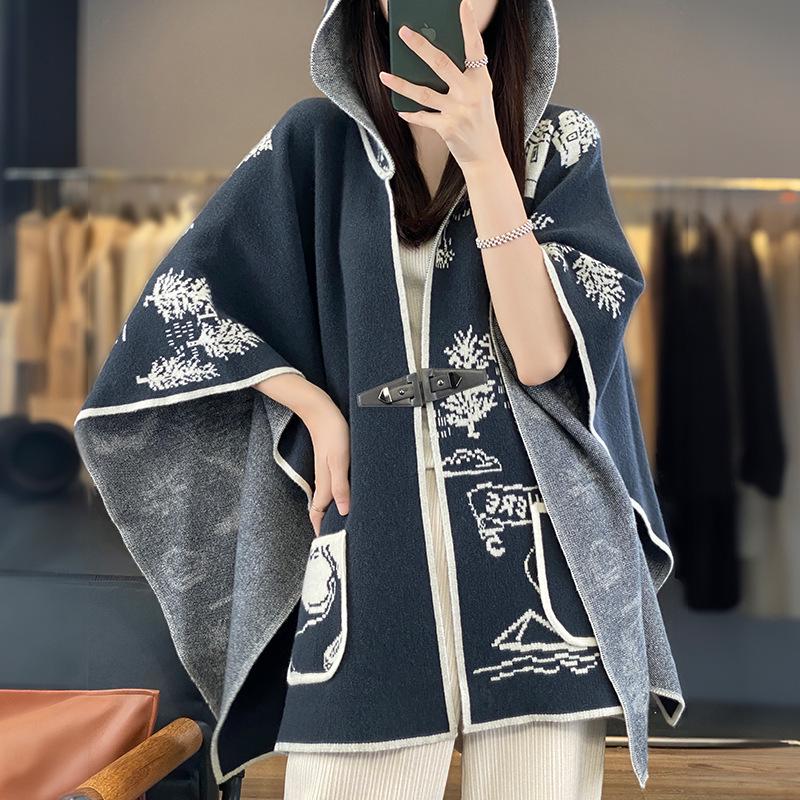 Women's Retro Wool Jacquard Hooded Cardigan Cape Shawl