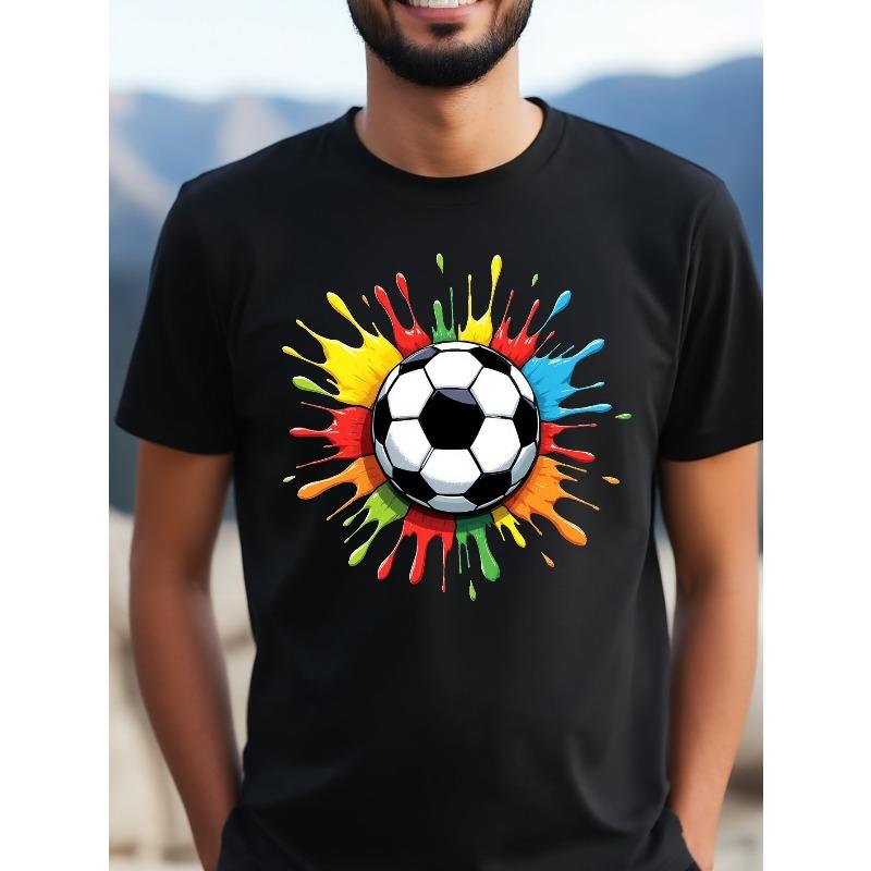 Men's Soccer Pattern T-Shirt - Regular Fit, Slightly Stretchy Fabric,Colorful Soccer Ball Print,Casual T-Shirt for Sports Enthusiasts,for Leisure Wear