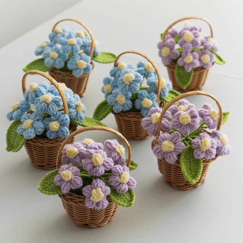 Handmade Crochet Blue Potted Flower Decoration - Everlasting Knitted Desktop Ornament