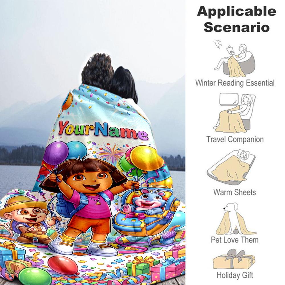 Dora Explorer Personalized Text Blanket Lightweight Customizable Blanket Durable Comfort Suitable for Seaside Livingroom Living Room Office