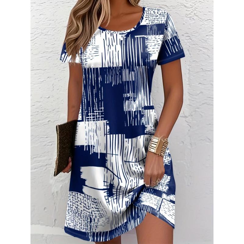 Women's Summer Short-Sleeve Minimalist Color-Blocked Dress—Loose-Fitting Breathable Fashionable Casual Beach Dress