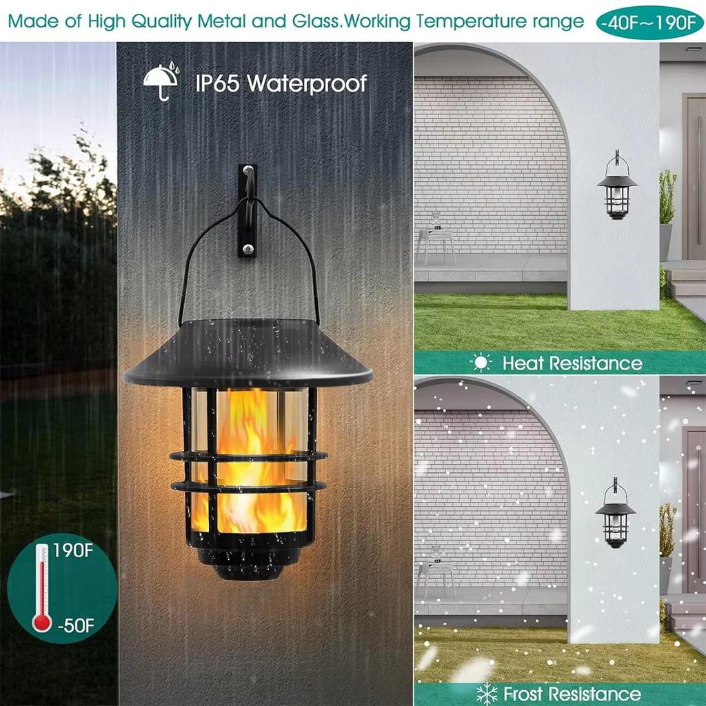 Solar Hanging Flickering Flames Led Lantern Lights Backyard Decor Decorative Wall Lamp Patio Outdoor Powered Porch Light Mounted