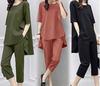 Chiffon Top and Comfortable Loose Fit Jersey Gaucho Pants Sizes [scion & co] [Scion] 2-Piece Set, Slimming, S-XL (JP, Alphabet, XL, Green)
