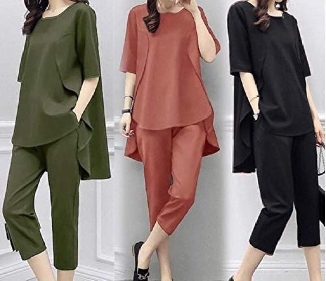 Chiffon Top and Comfortable Loose Fit Jersey Gaucho Pants Sizes [scion & co] [Scion] 2-Piece Set, Slimming, S-XL (JP, Alphabet, XL, Green)