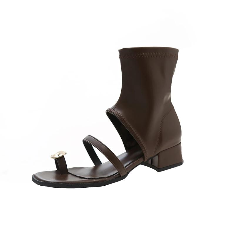 Fashion Women's Shoes Short Sandals 2025 Summer and Autumn New Style Back Zipper Square Toe Mid Heel Clip Toe Casual Sandales Femmes