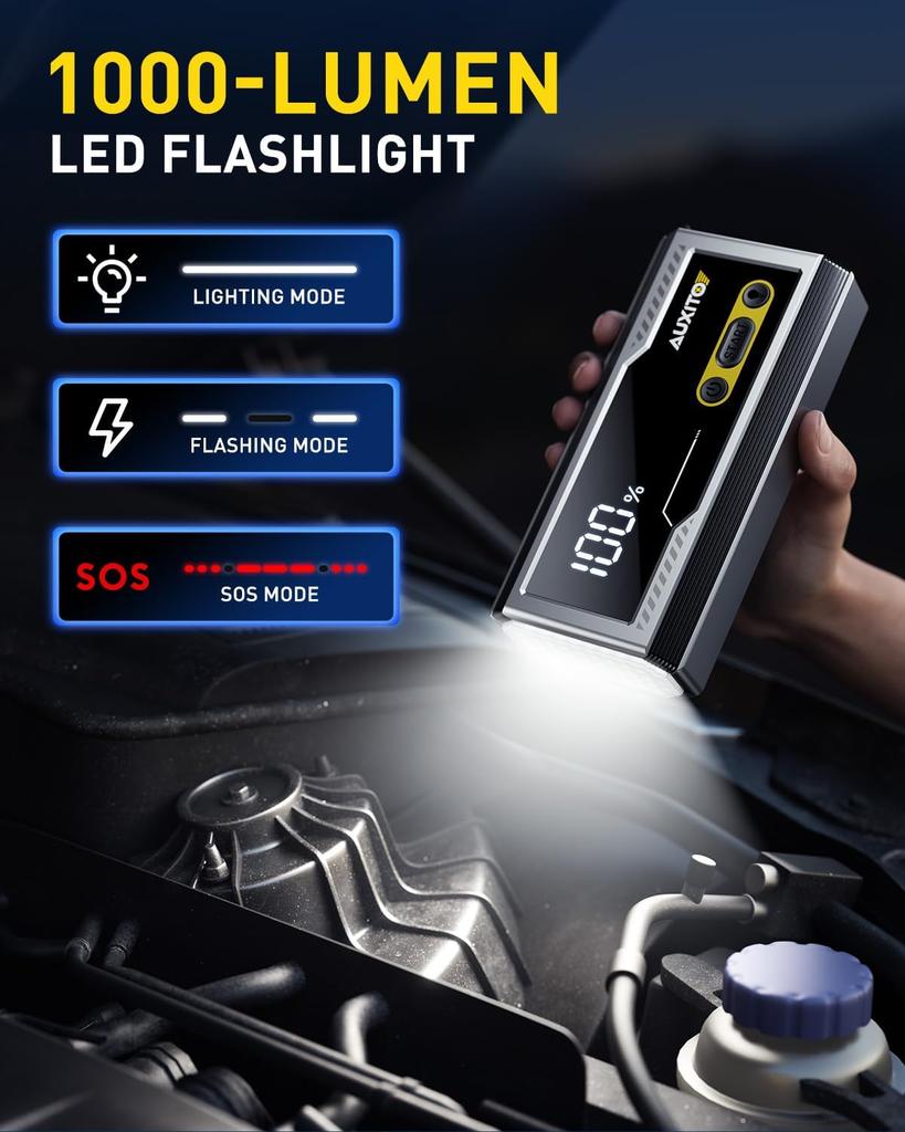 6000A Jump Starter, 12V Portable Car Battery Booster with LED Display, 3-in-1 Flashlight, Jumper Cables & Case