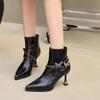 Fashion Rhinestone Pointed Toe Booties Women 2024 Winter New Soft Leather Side Zipper Versatile Slim Heel Skinny Fashion Boots