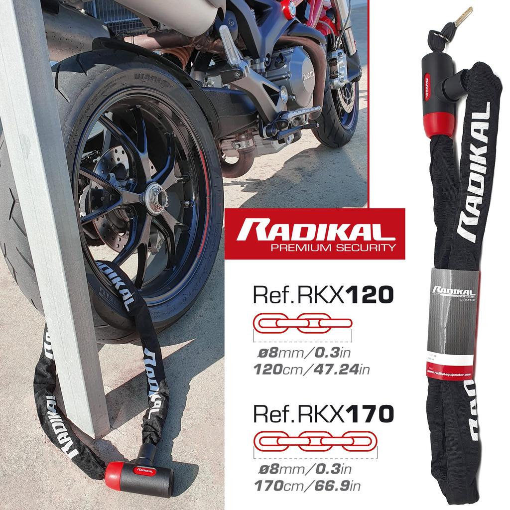 RADIKAL RKX170 Sikkerhetskjede for og 8mm Lang Flerbruks Garasjeanker Motorsykler, Scootere, Sykler, Stål, Lås, 120cm,