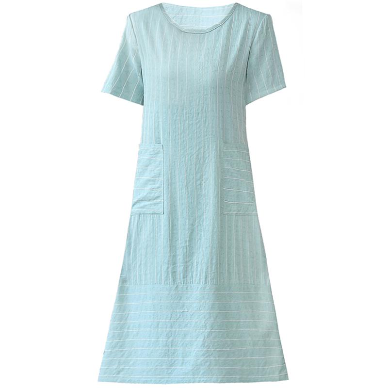 Sommer Gestreiftes Midikleid Frauen Casual Lose Kurzarm Plus Size Kleider Sommerkleidung Mit Taschen
