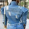 Frauen Sexy Ripped Denim Jacken Vintage Beiläufige Kurze Jean Jacke Puff Hülse Weibliche Mantel Streetwear