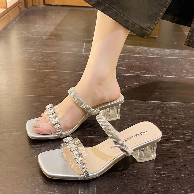 French Square Head Crystal Thick Heel Cool Slippers Women's Outer Wear Spring and Summer 2025 New Large Size High Heel Rhinestone One-word Drag