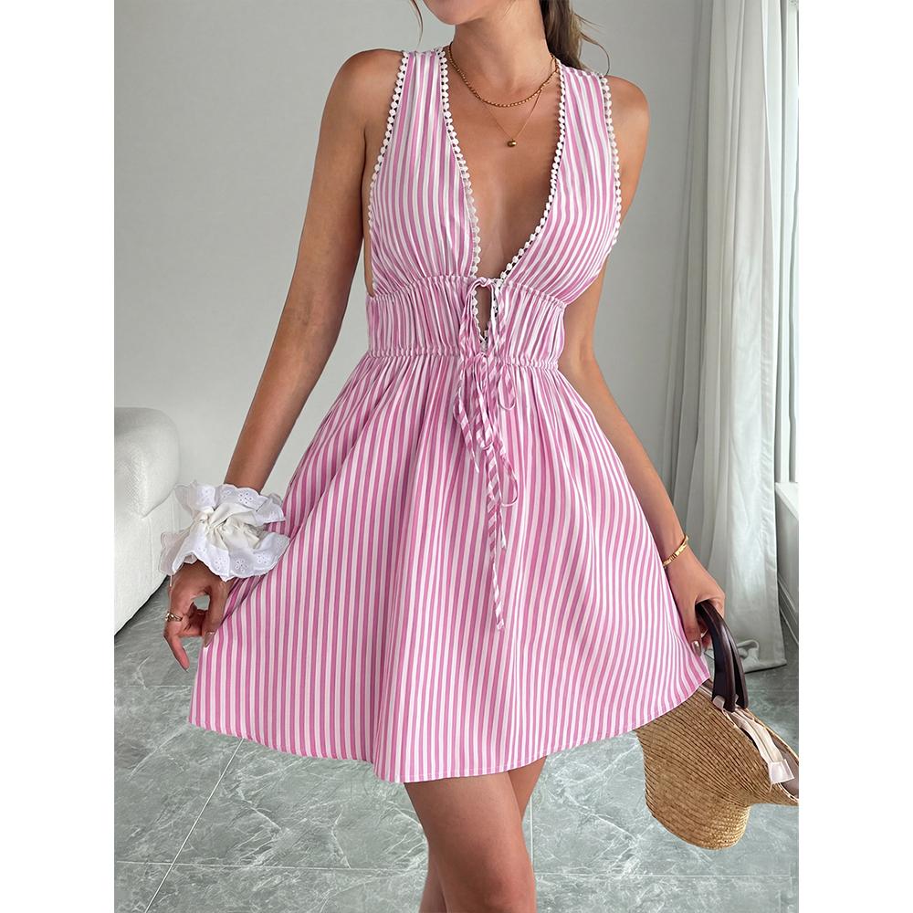 Women's Fashionable Sexy Striped Deep V-Neck Adjustable Tie Sleeveless Mini Dress for Beach and Parties