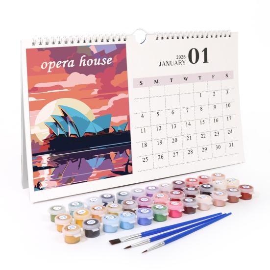 2026 Desk Calendar Water-Resistant Multipurpose Monthly Desk Calendar with Pre-Printed Canvas Paints DIY Art Supplies