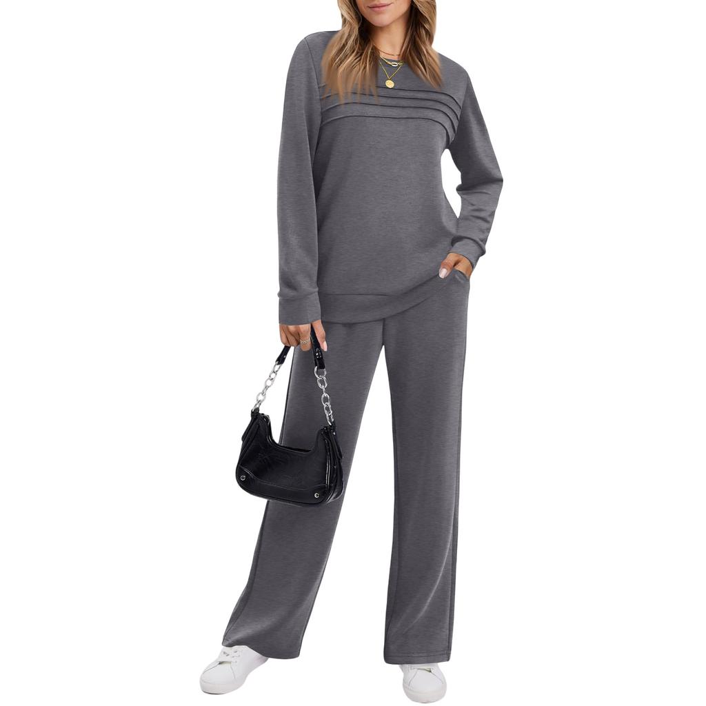 Women's Casual 2 Piece Athletic Set Color Long Sleeve Neck Sweatshirt and Wide Leg Pants with Elastic Waist