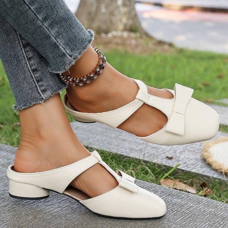 Fashion Baotou Half Slippers Women's Summer New Square Toe Shallow Mouth Bow Low Heel Block Heel Slip-on Wear-resistant Slippers