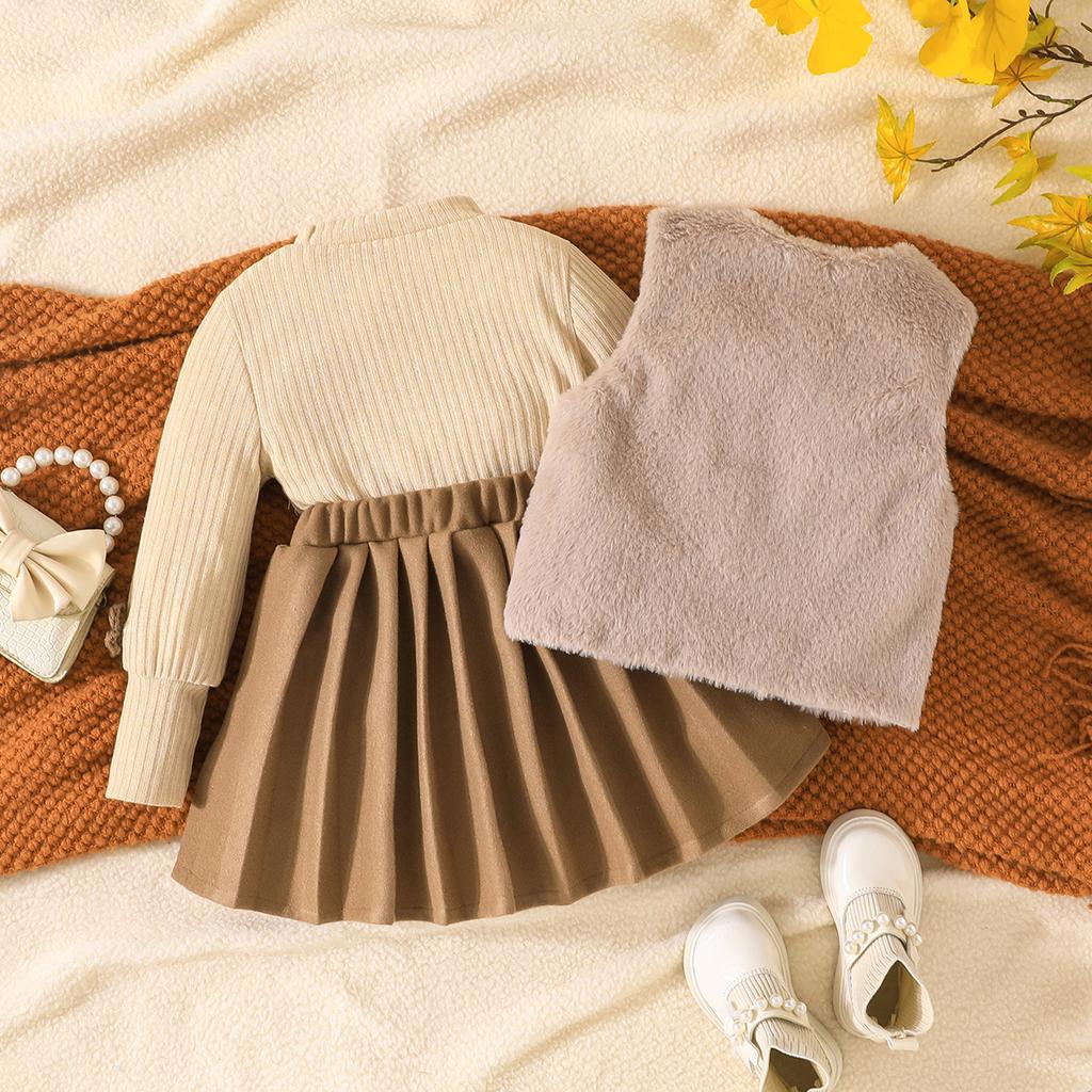 Girls Autumn and Winter Suit stuffed Flower Vest + Knitted Pleated Dress 3-piece Set