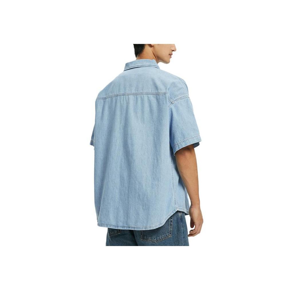 Calvin Klein Camicia da uomo a maniche corte larga con logo ricamato Top Blu Denim J320636-1AA