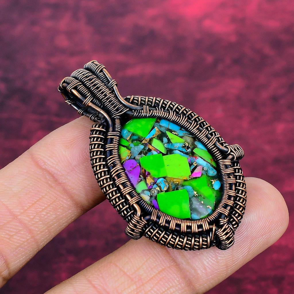 Fiesta Kingman Turquoise Gemstone Pendant Copper Wire Wrapped Handmade Pendant