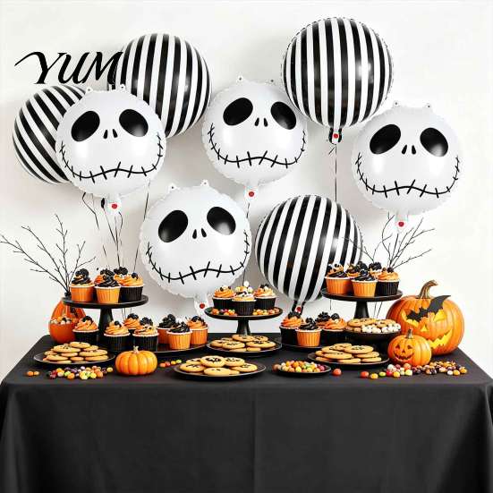 Spooky Carnival Party Favors 12PCS Halloween Skull Balloon Set, Aluminum Foil Balloons, Black And White Theme Supplies Striped Realistic Print