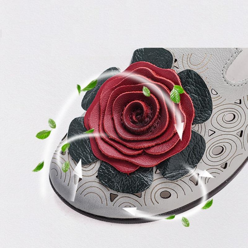 Fashion 2025 Big flower cow leather sandals womens summer cut out mules low heels woman retro luxury slipper sandals lady slip on shoes