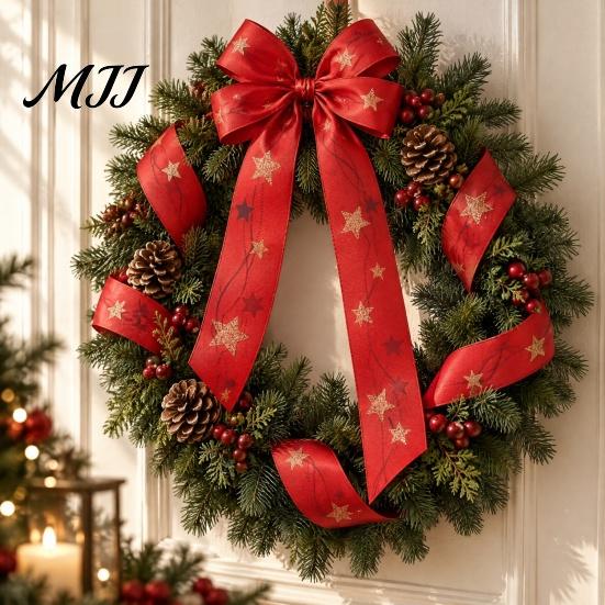 Fabric Ribbon for Party Decor Christmas Ribbon, Glitter Star & Tree Decorative Red Handmade Floral Arrangement Green Holiday Gift Wrapping,