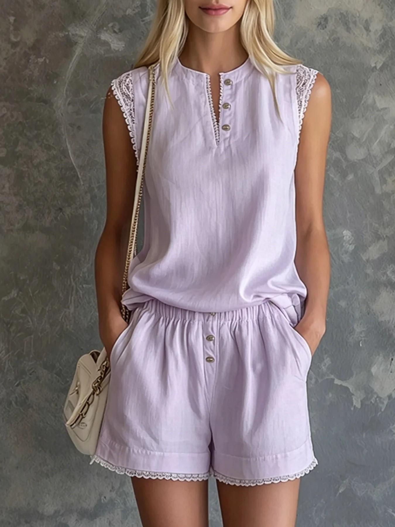 

Women s Sleeveless Lace Trimmed Henley Top and Shorts Set in White, Light Pink, Light Blue 3XL світло-фіолетового кольору