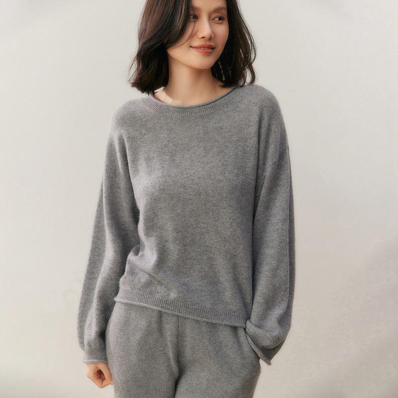 Women's Cashmere Rolled Hem Round Neck Sweater - 2025 Autumn/Winter Collection, Loose Fit and Slimming Pullover.