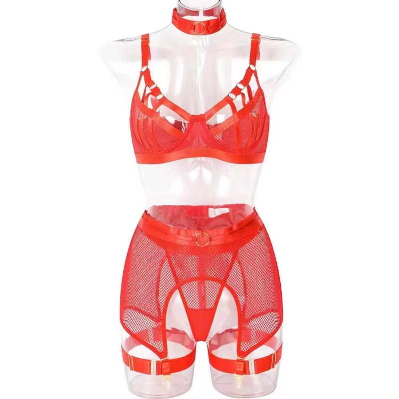 Lingerie Suit Women Mesh Hollow Underwear Metal Buckle Set Ultrathin Bra & Brief Sets G-String Garter Belt See Through Bra Set