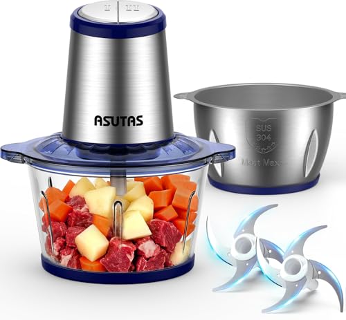 ASUTAS Food Processor, 2L Large Capacity (2 Bowls), 5-in-1 Function (Chop, Blend, Crush, Crush, Grate), 400W High Power, 2 Speeds, 4 Blades, Food Chop