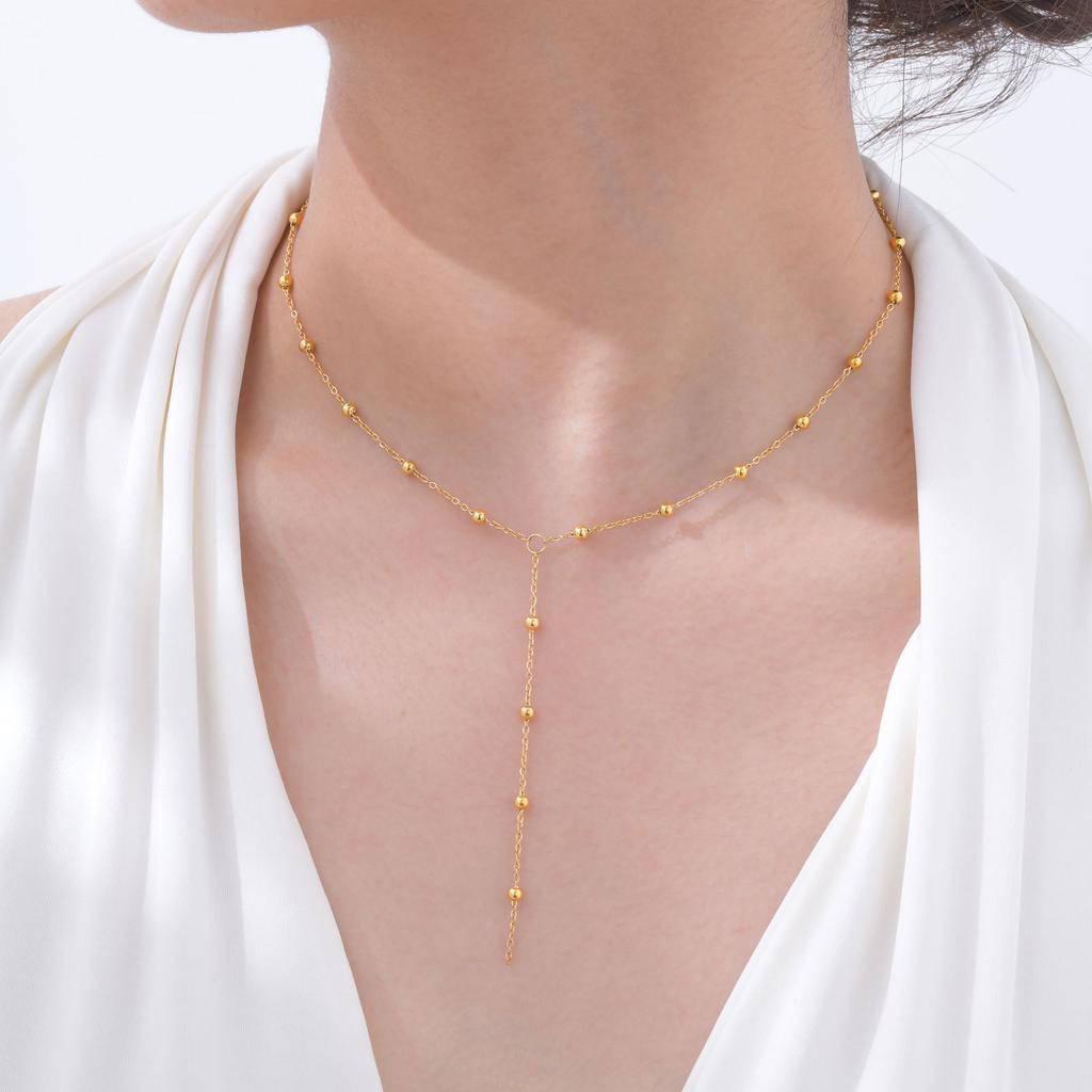 Jewelry, Stainless Steel Bead Chain Y-Shaped Wind Versatile Necklace Plated 18K Gold Nc-1970