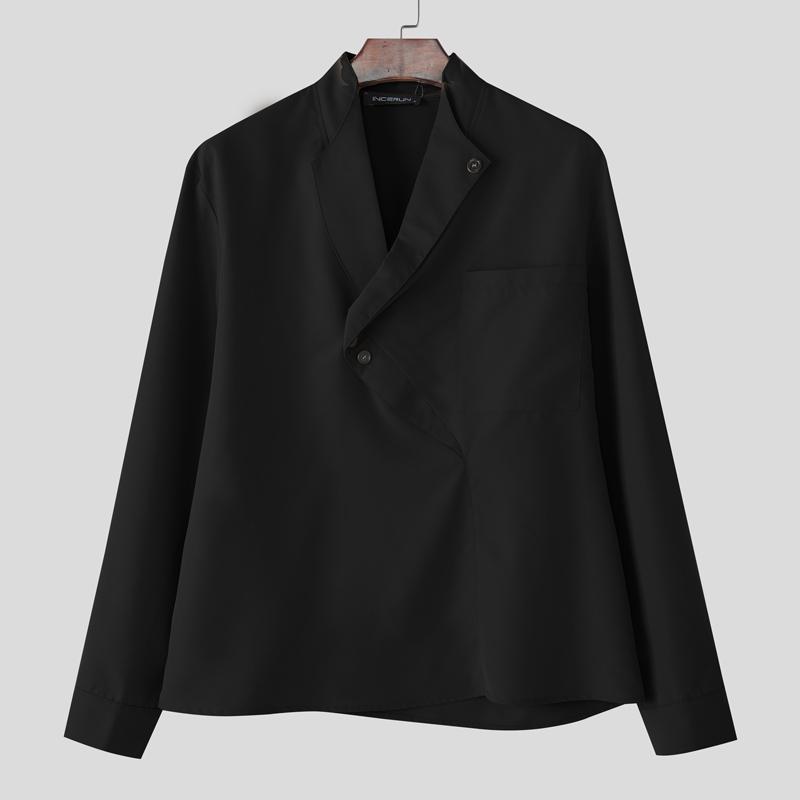 

INCERUN Мужские повседневные рубашки с нерегулярным перекрестом спереди, с длинным рукавом, однотонные 4XL чёрный