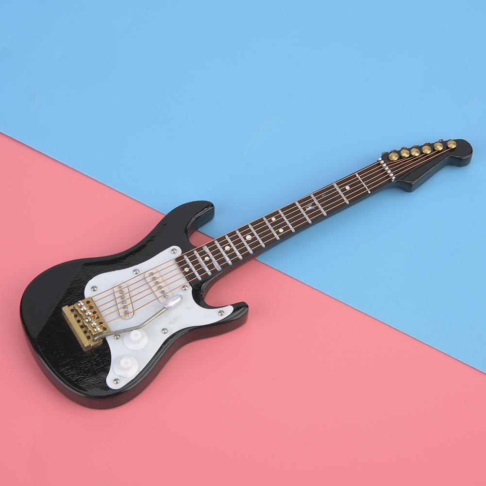 Delicate 14 cm Mini Wooden Electric Guitar Model Ornaments Collection with Stand(Black)
