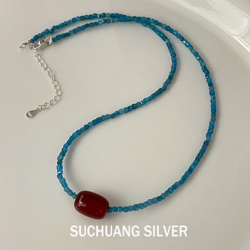 Серебряное колье с красным агатом на ключицу - Женское, из натуральных камней, в китайском стиле 925 Sterling Silver