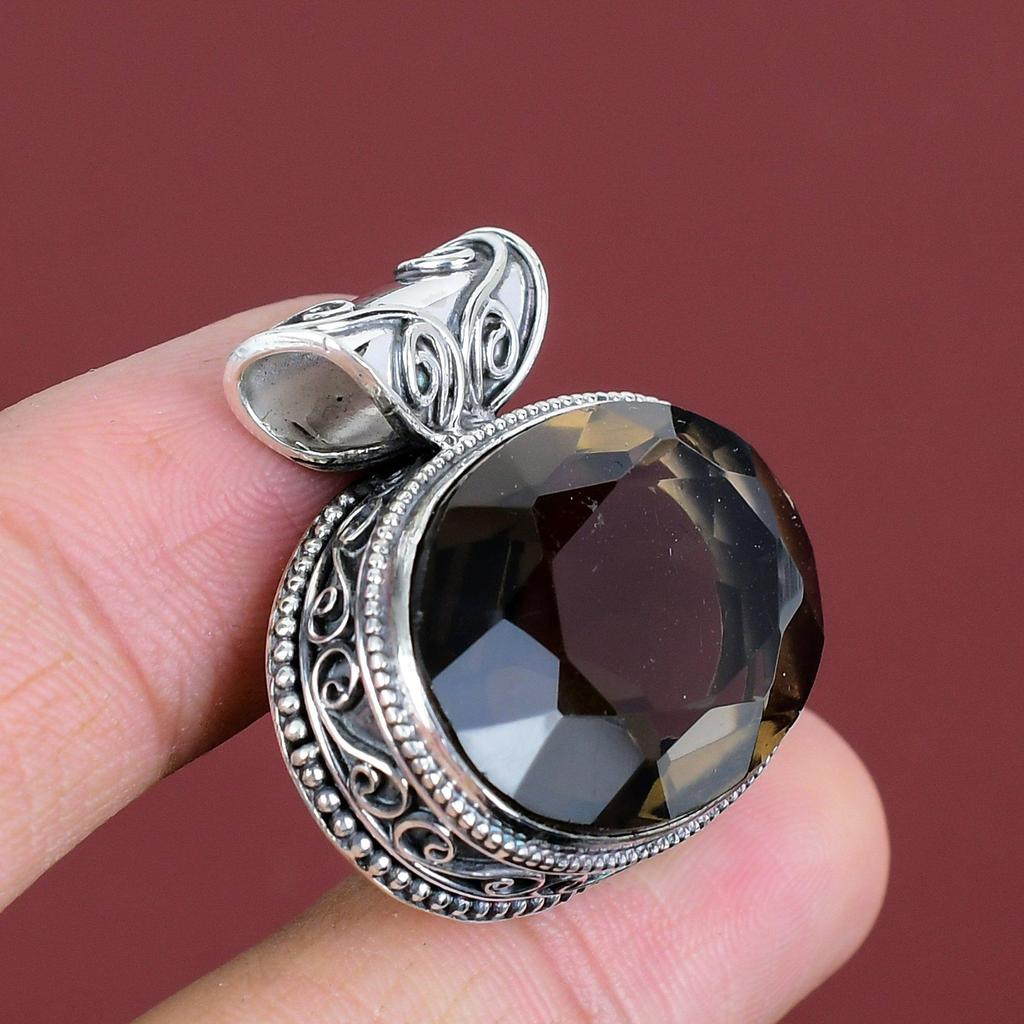 Fasetterat Rökkvartshänge Vintage Ädelstenshänge Statement Smycken 925 Sterlingsilverhänge Handgjort Helt Nytt Hänge Gåvor Till Hennes