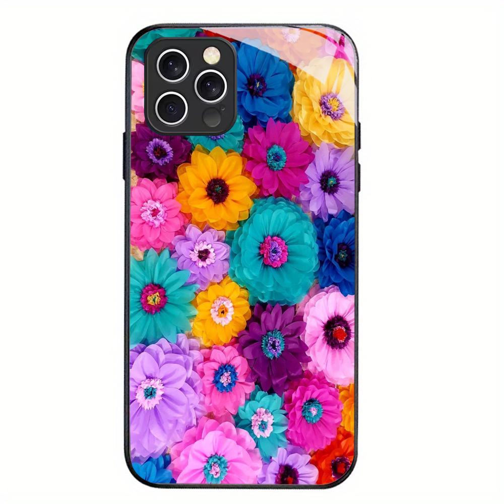 Colorful Floral Tempered Glass Phone Case For iPhone 17 16 15 Pro Max 14 13 12 Plus Shockproof Hard Cover Phone Shell Black