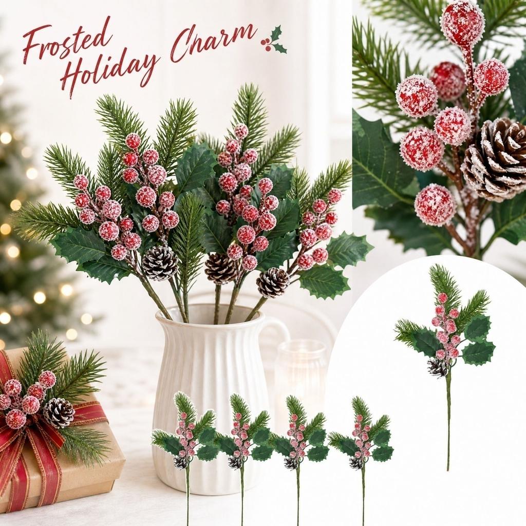 4 Pack Artificial Frosted Branches with Pinecones, Berries and Christmas Leaves for Holiday Home Decor