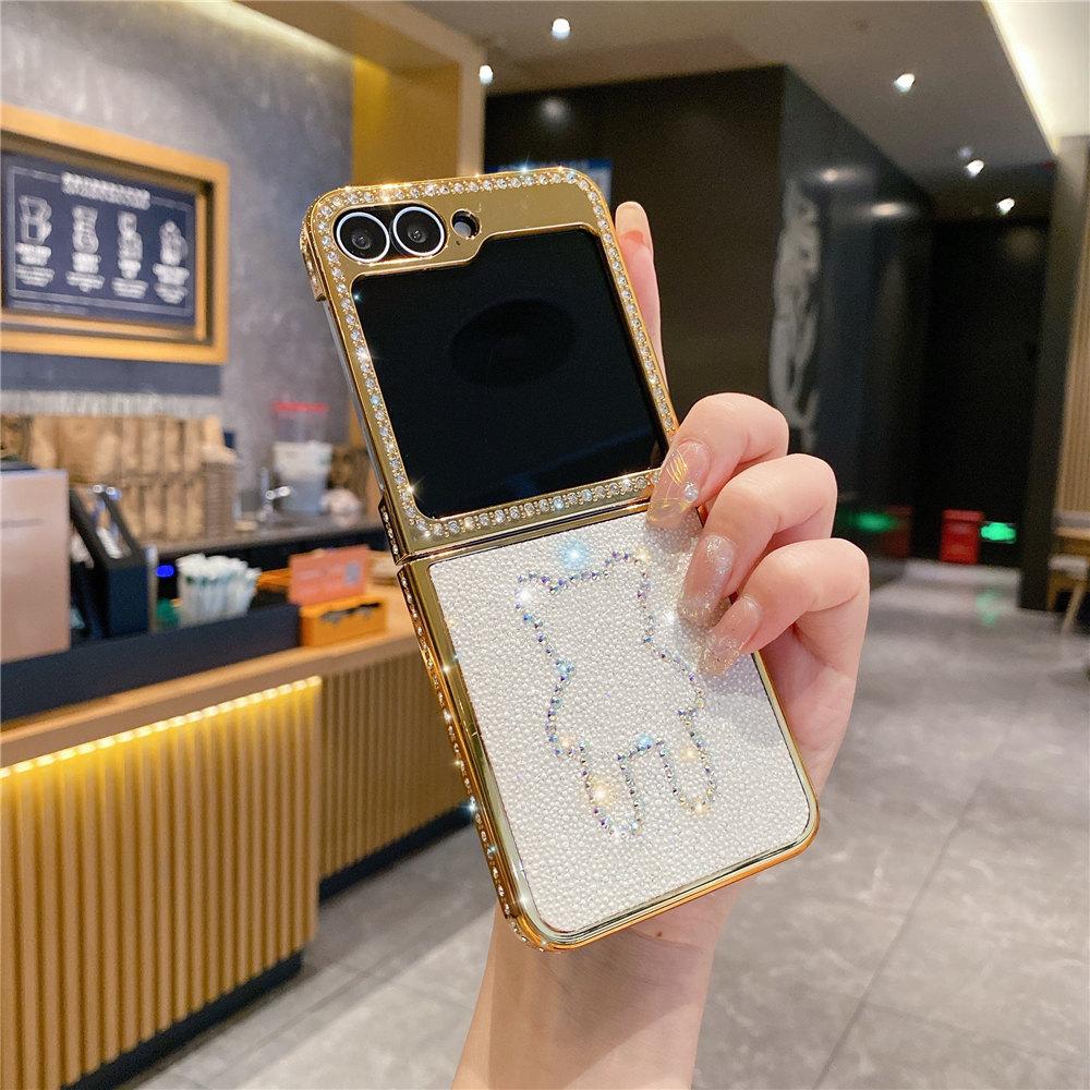 Glitter Bling Diamond Electroplating Phone Case For Samsung Galaxy Z Flip 6 Flip 5 Flip 4 3 Butterfly Bear Leather Cover