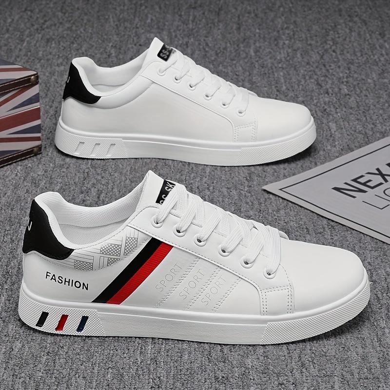 Men's Lace-Up Sneakers - White with Blue & Red Stripe Design, Breathable PU Upper, Durable PVC Sole, Comfortable Casual Shoes for Casual Attire