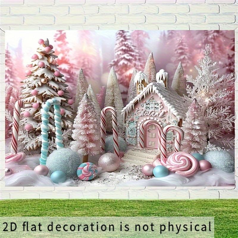 Frohe Weihnachten 2D-Flachbanner - Rosa Zuckerstange Schneewunderland Winterkulisse mit Lebkuchenhaus und Lutscher - Polyester