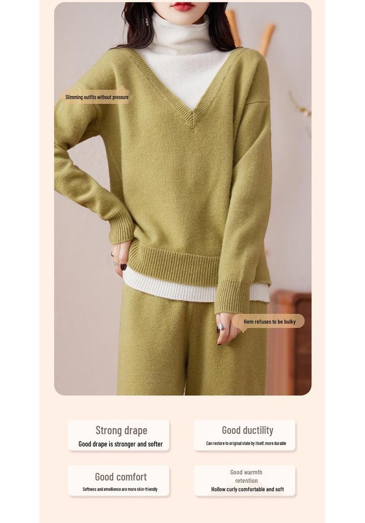 Color-Block Women's Wool Two-Piece Set: High Neck Sweater & Wide-Leg Pants with Faux Collar, Autumn/Winter 2023 Collection