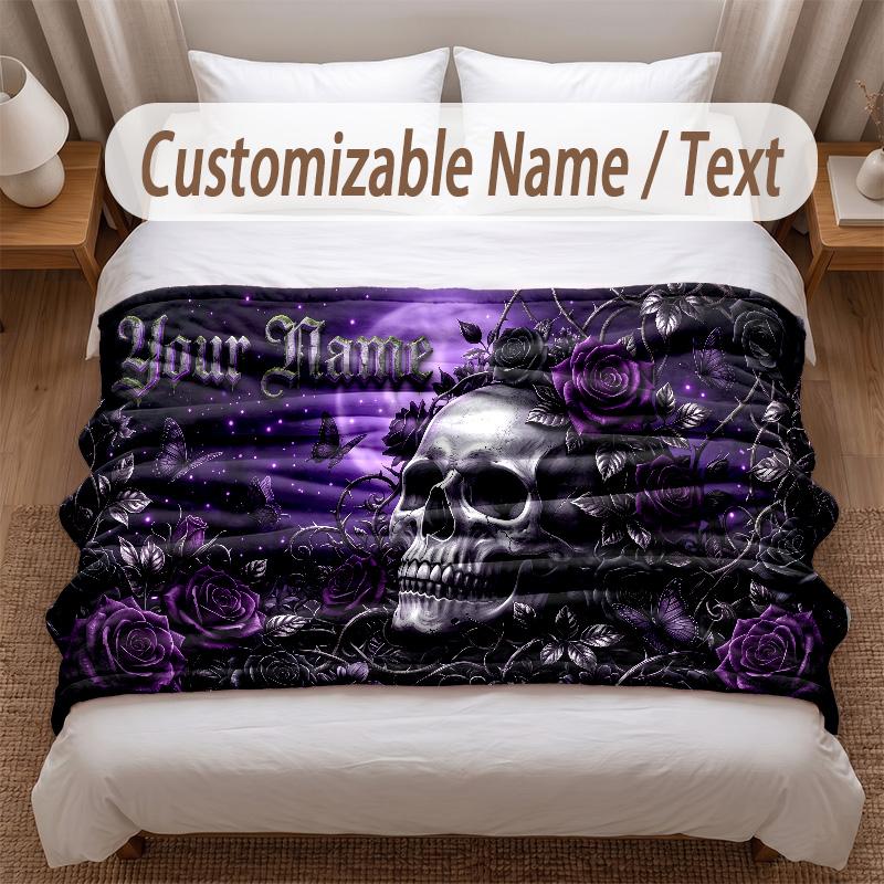 Skull Gothic Theme Soft Blanket Personalized Custom Name Text Print Warm Blanket Home Sofa Bedroom Decor