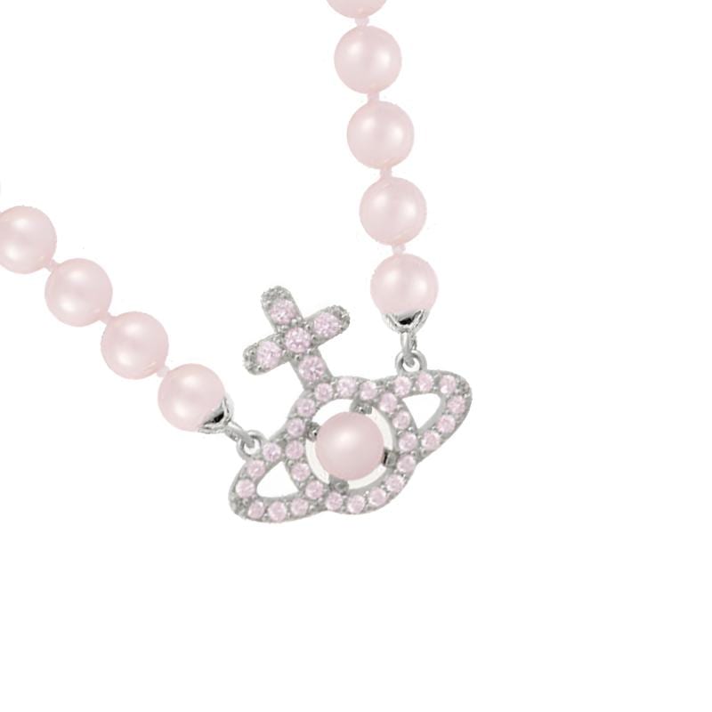 Vivienne Westwood Glass Brass Faux Pearl Necklace Women's Silver/Pink 6301011P-02P583