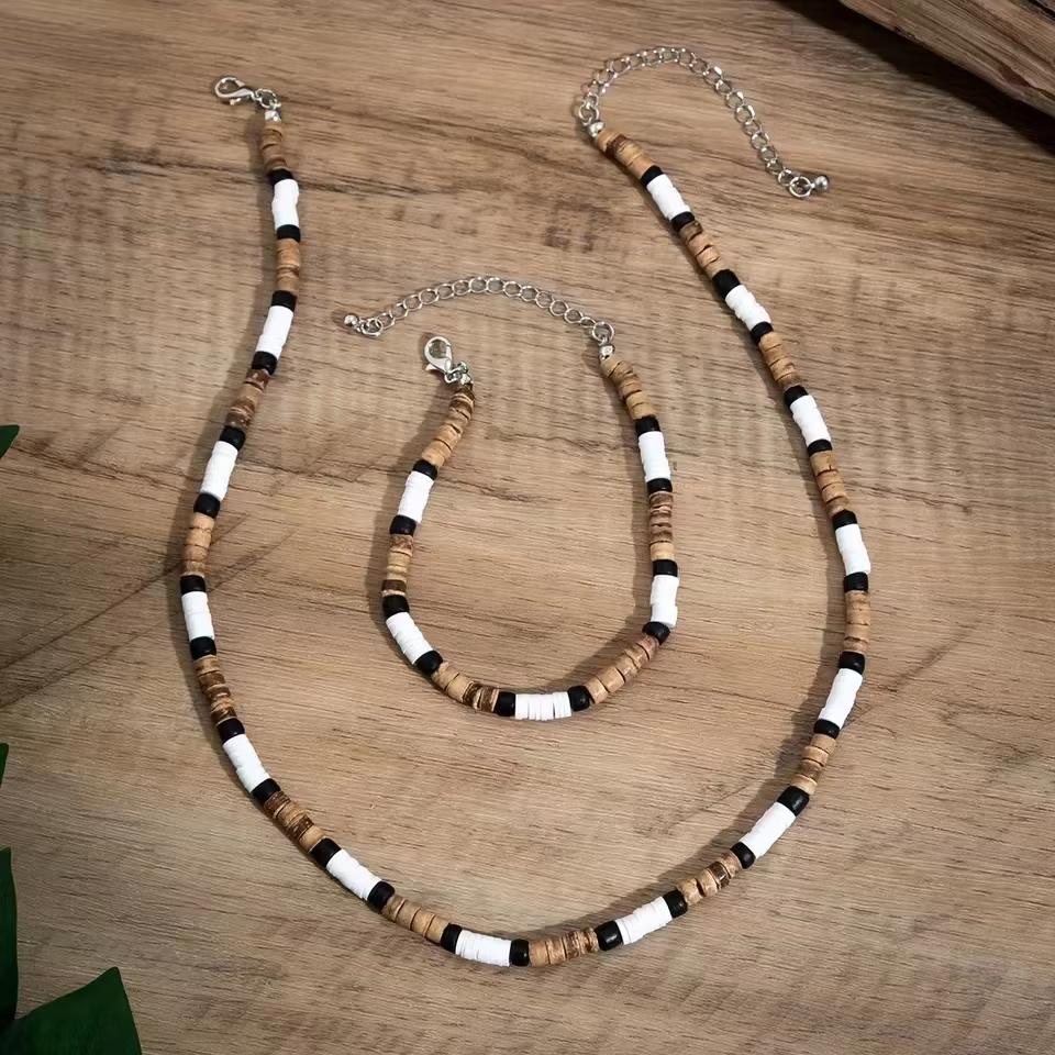 

2 PCS Vintage Surfer Beaded Bracelet Necklace Set For Men Boho Layered Necklace For Casual & Beach Wear