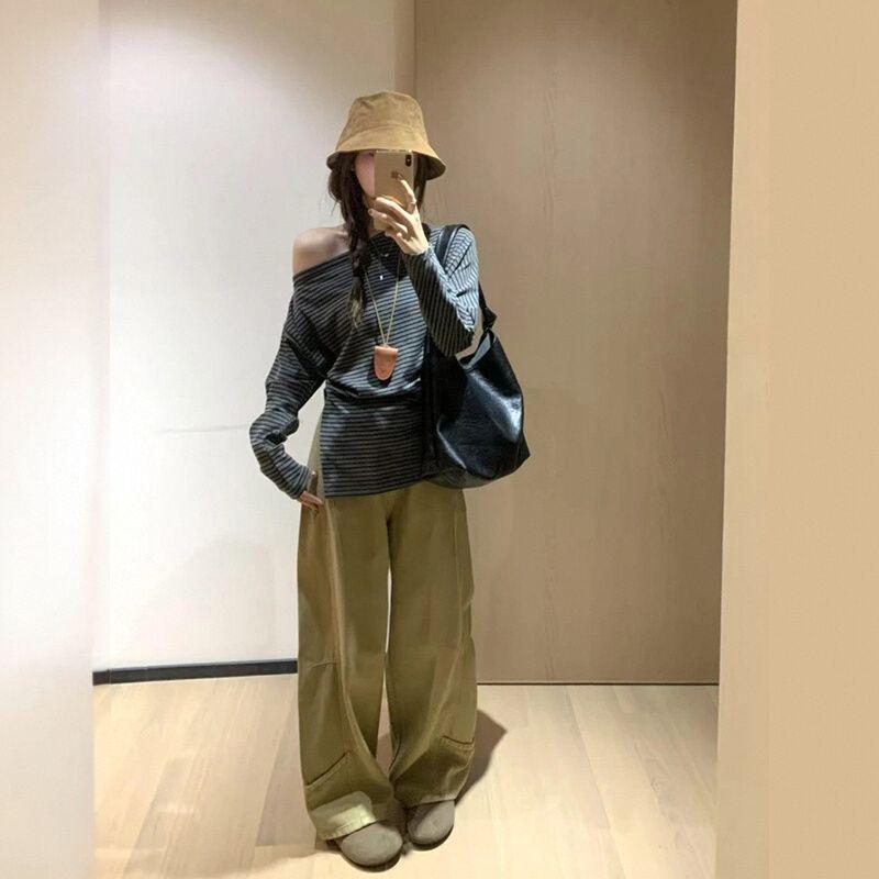 2025 Šik pruhovaný top s odhalenými rameny a dlouhým rukávem, zeštíhlující dámský top na jaro/léto