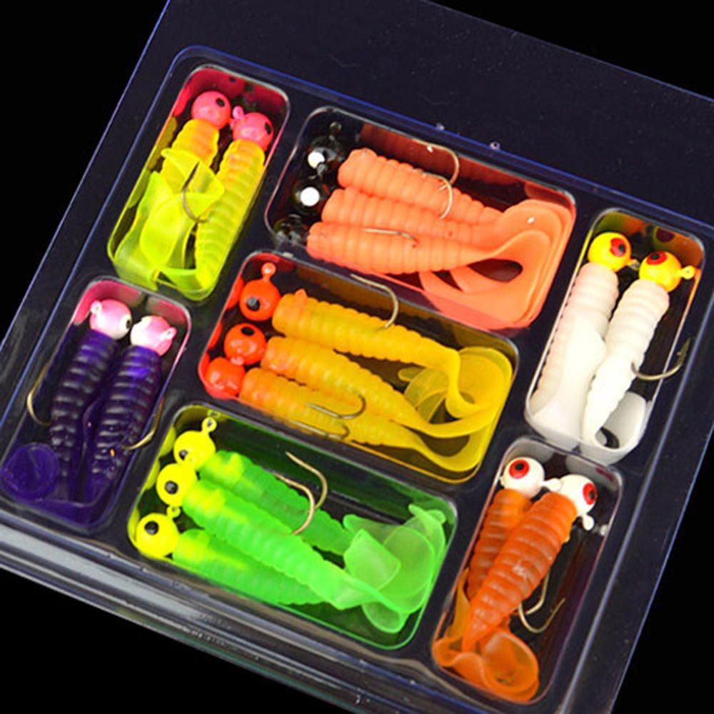 34pcs Metal Jig Head Fishing Hooks Set 17pcs Jigging Heads Hook + 17pcs Soft Worm Lure Grub Silicone Fish Artificial Bait Tackle