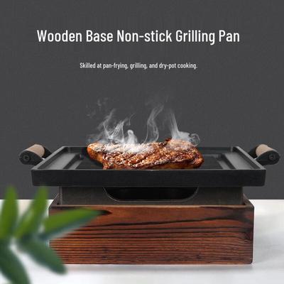 Japanese Style Non-Stick Grill Pan with Wooden Base