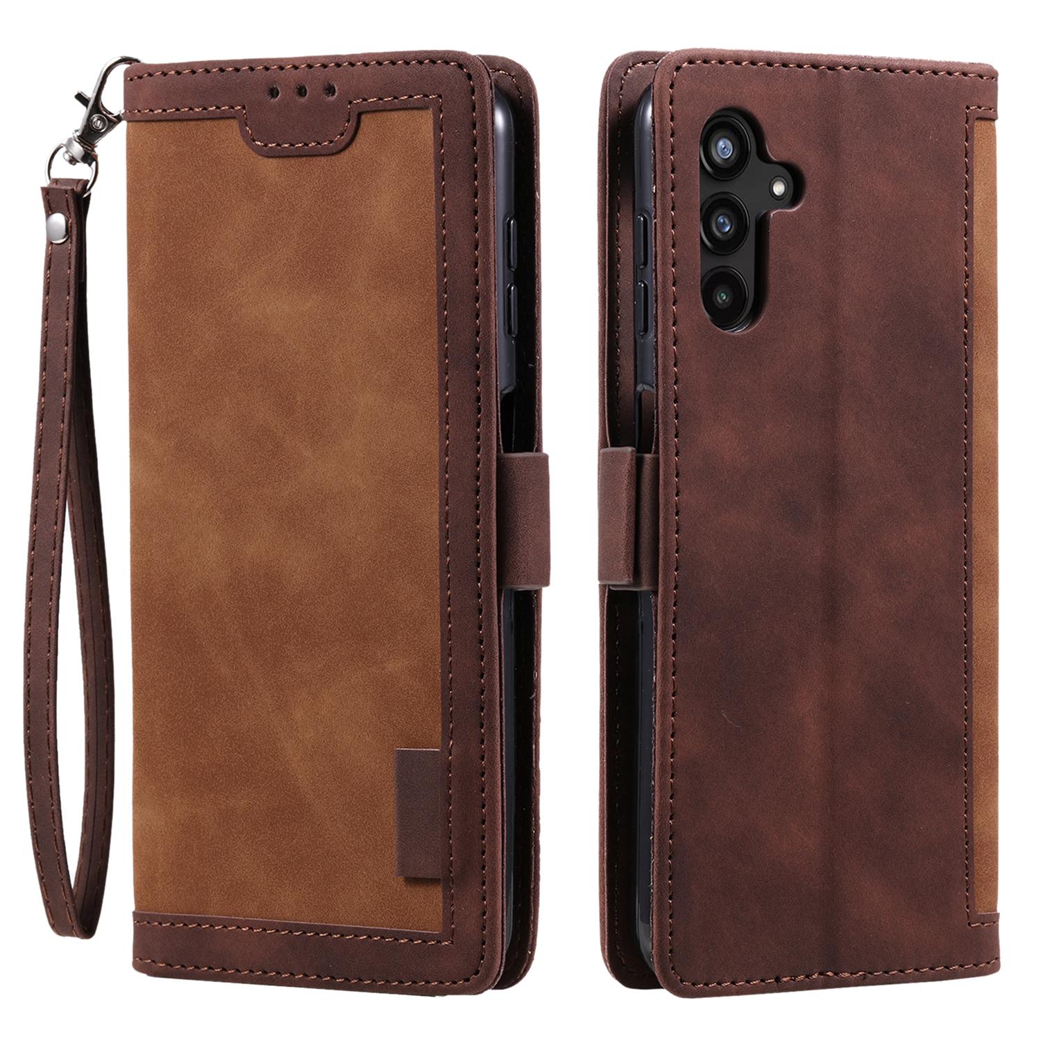 

For Samsung Galaxy A24 4G (162.1 x 77.6 x 8.3mm) Leather Phone Case Stand Wallet Retro Color Splicing Cover with Strap Brown