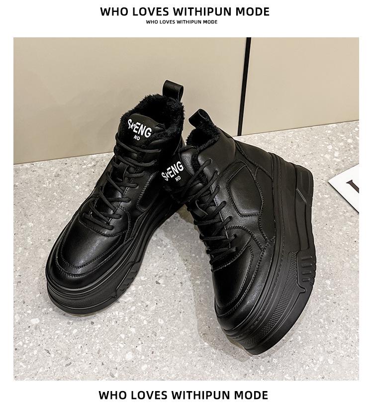 Women's High-Top White Velvet Leather Sneakers, 2023 Trendy Thick-Soled Platform for Height Enhancement