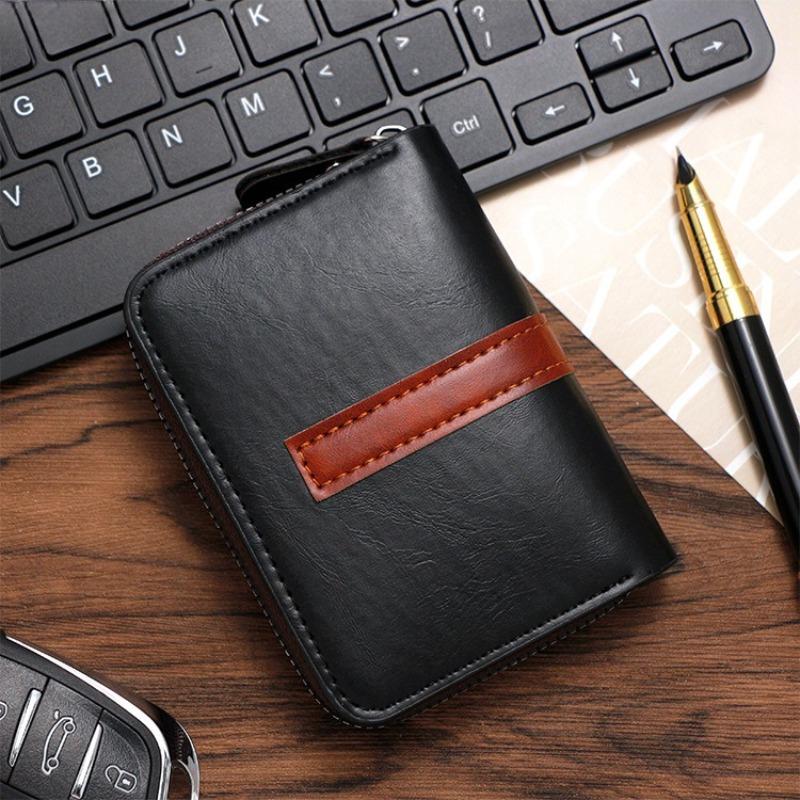 Men RFID Blocking Credit Card Holder Genuine Leather Wallet Zipper Card Case Accordion Card Organizer Coin Pocket Mini Wallet