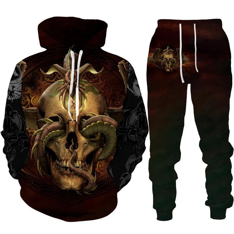 Drache 3D Druck Herren Totenkopf Kapuzenpullover Sets Trainingsanzug/Hose Herbst Winter Langarm Pullover Anzug Punk Lässig Übergröße Hohe Qualität